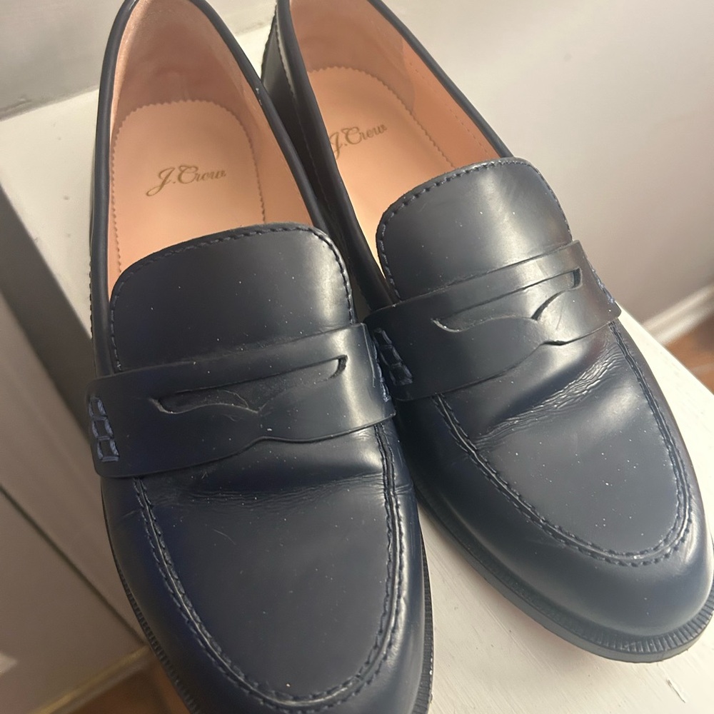 J Crew Navy Leather Loafers Size 7.5
